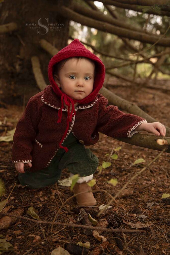 A toddler boy dressed in a a red wool jacket and wearing a handknitted red hat sits among the branches of an evergreen tree with Simply Shelayna Family Photographer in Syracuse NY.