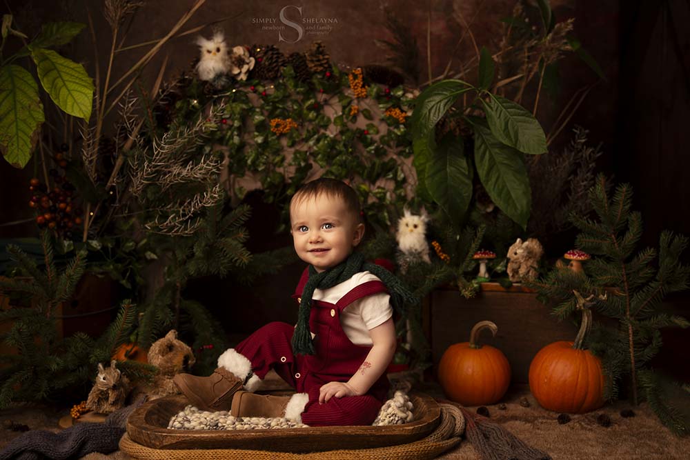 A young boy smiles for a portrait surrounded by woodland creatures with Simply Shelayna milestone photographer in Syracuse NY.