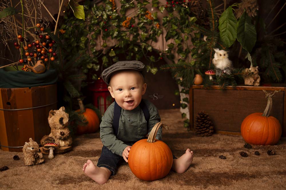 A baby boy in a chapped hat sits for a portrait in a autumn woodland scene with Simply Shelayna Baby Photography in Syracuse NY.