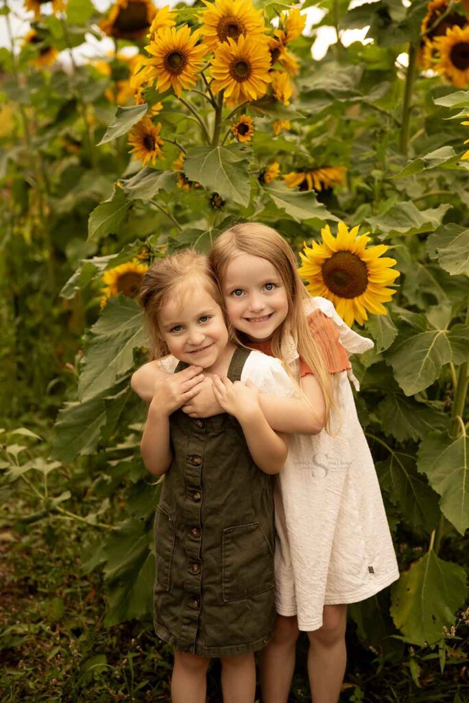 Two sisters pose in front of a sunflower field with Simply Shelayna Family Photography in CNY.