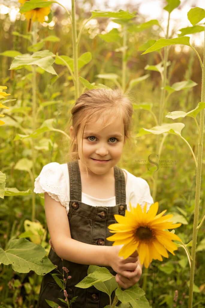 A young girl poses in a sunflower field with Simply Shelayna Family Photographer in CNY.