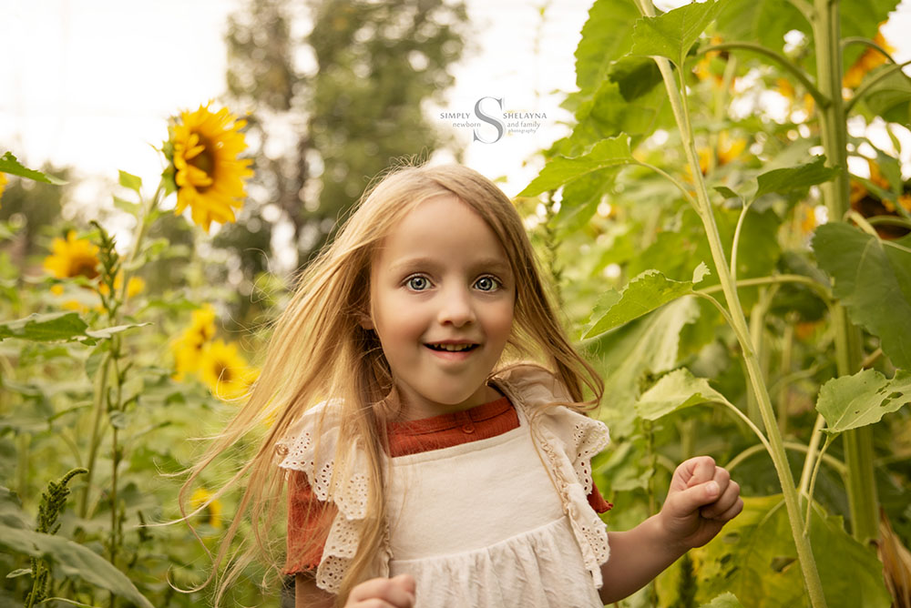 A young girl poses in a sunflower field with Simply Shelayna Family Photographer in CNY.