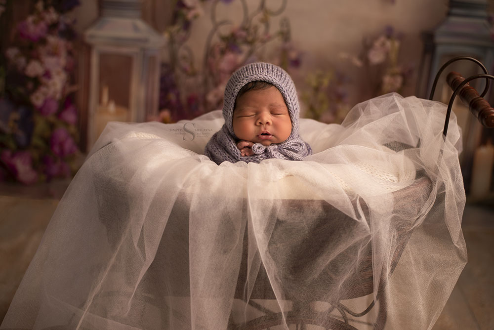 A newborn baby girl is posed in an antique carriage with Simply Shelayna Newborn Photography in Syracuse NY.