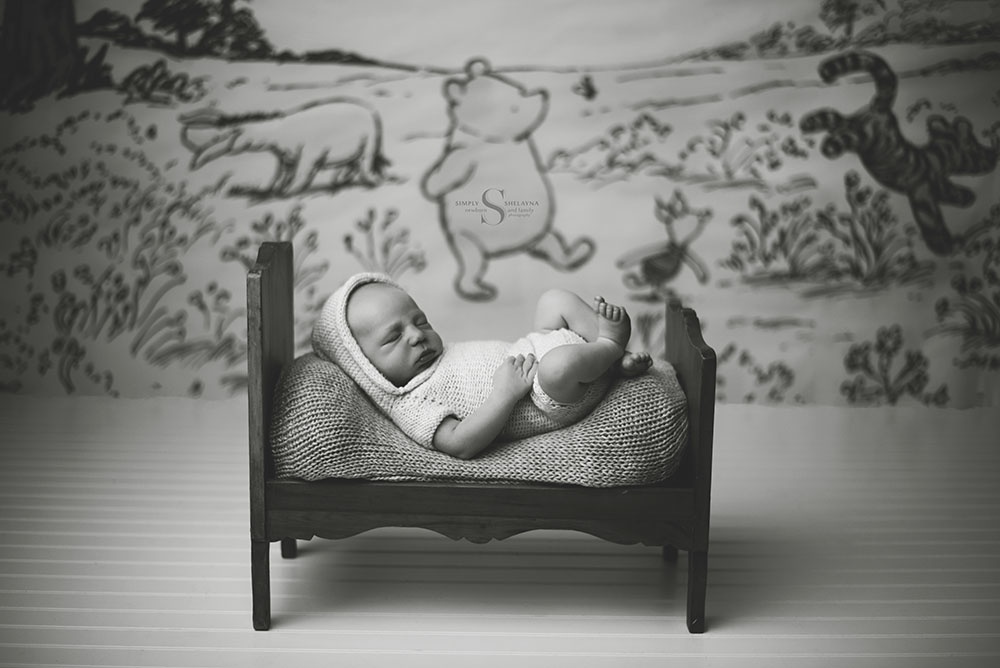 A black and white portrait of a baby sleeping on a antique bed in the Winnie the Poo Hundred Acre Wood scene with Simply Shelayna Newborn photo studio in Syracuse NY.